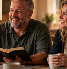 Adults reading and discussing a Bible together around a table