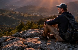 A person sitting on a mountain overlook at sunset