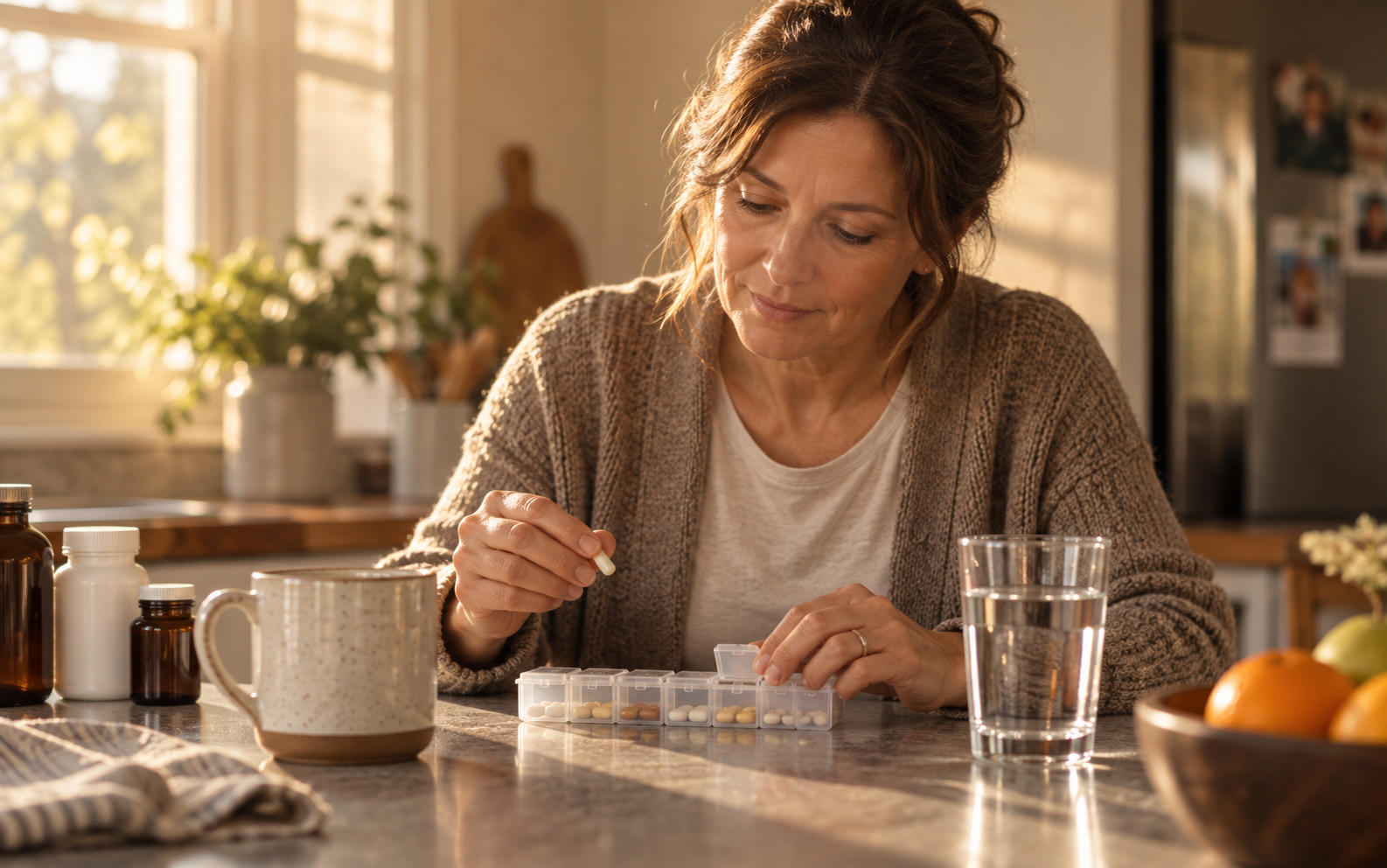A morning pill organizer, coffee, water, and supplements in warm light