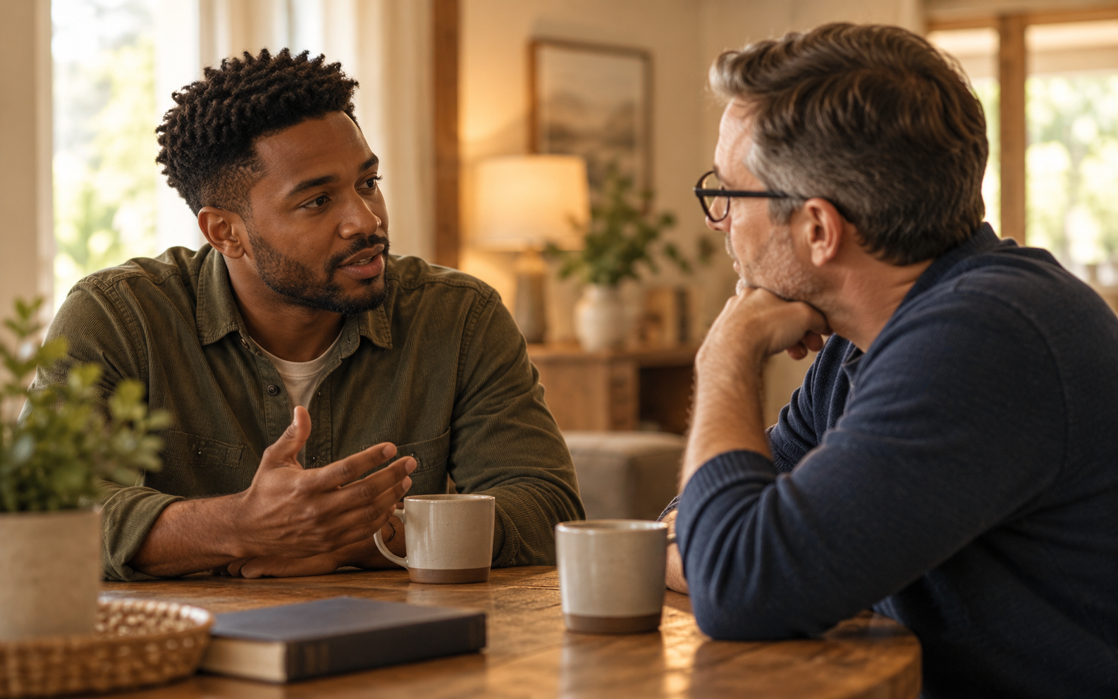 Two adults having a sincere conversation over coffee