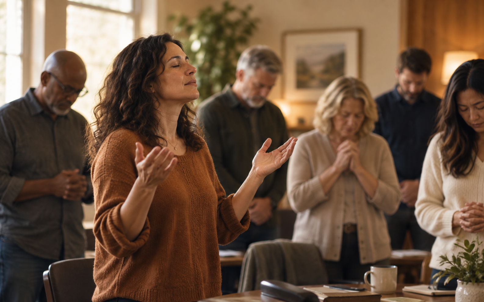 Adults in a warm small-group setting praying and worshiping