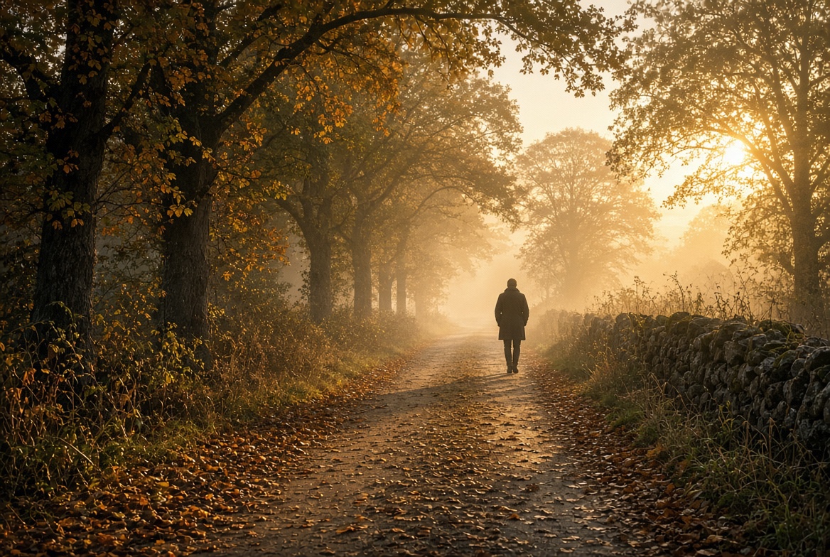 A person walks alone down a leaf-covered country lane through misty autumn trees at sunrise.